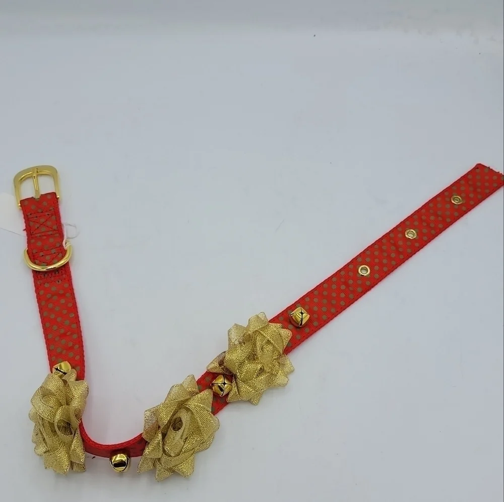 Festive Red & Gold Floral Jingle Bell Dog Collar - Christmas Holiday Size M/L